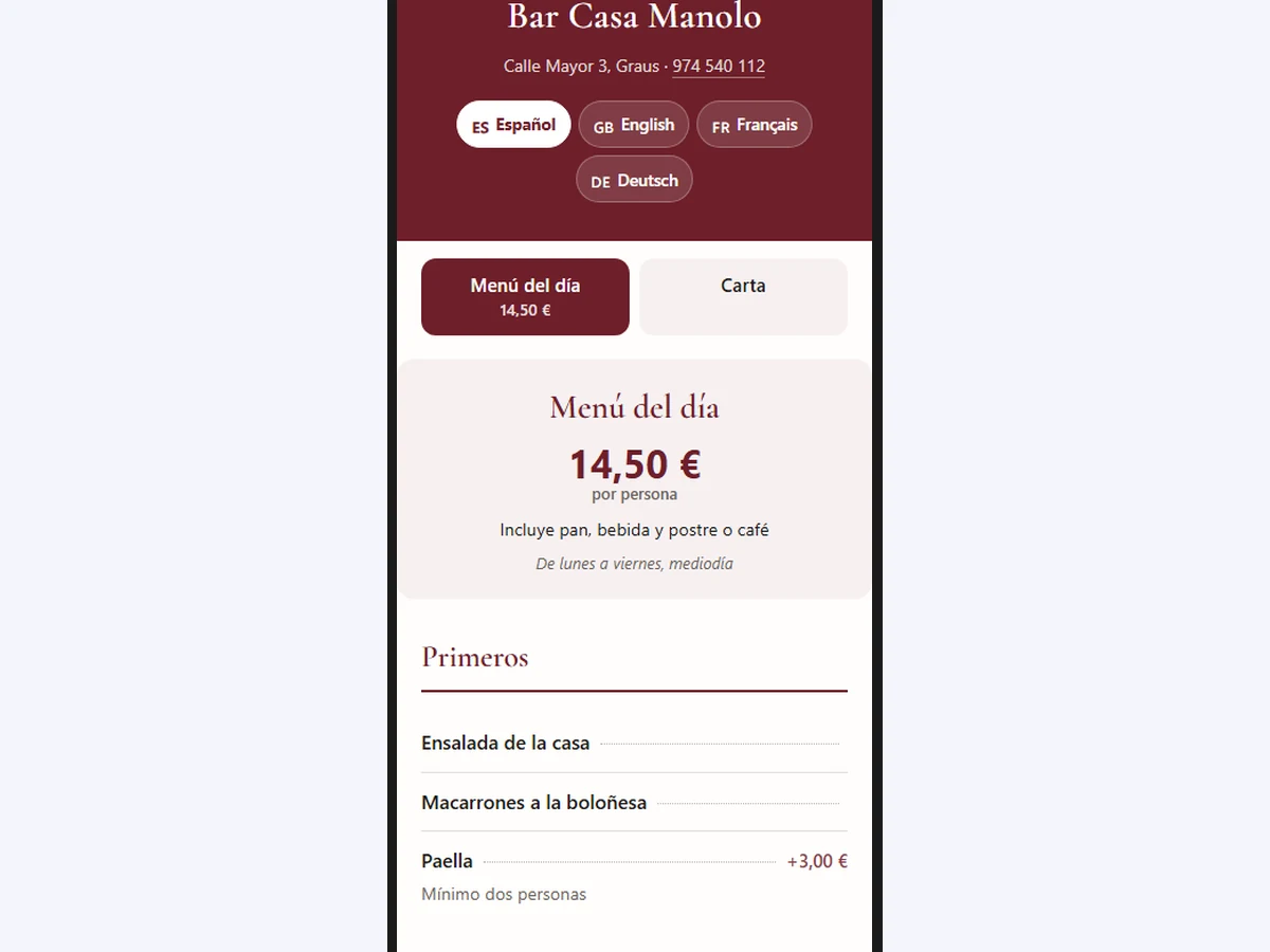 Carta digital de InnovaTap abierta en un móvil, con el menú del día y los botones de idioma