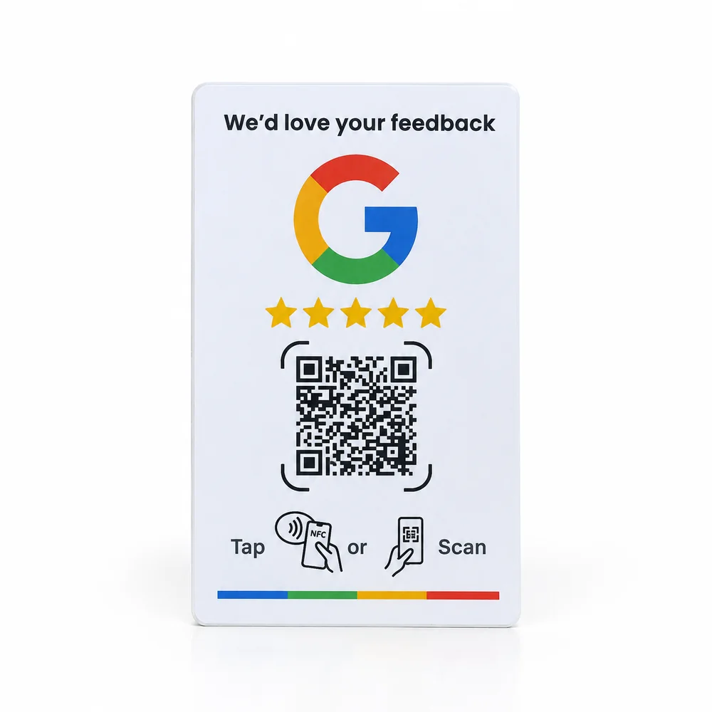 Expositor de reseñas de Google de InnovaTap con NFC y QR